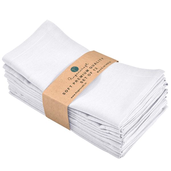 FINGERCRAFT Dinner Cloth Napkins, Cotton Linen Blend Fabric 12 Pack White Easter Special, Premium Quality, Mitered Corners for Every Day Use Napkins are Pre Shrunk and Good Absorbency White