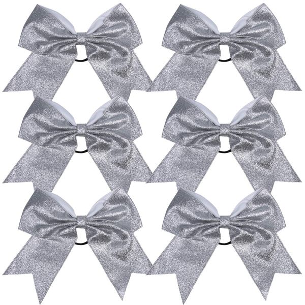 Cheerleader Bows Cheerleading 8 inch Sparkle Glitter Ponytail Holder Hair Tie School for High School College Girl Team Sports 6 Pcs … (Silver)