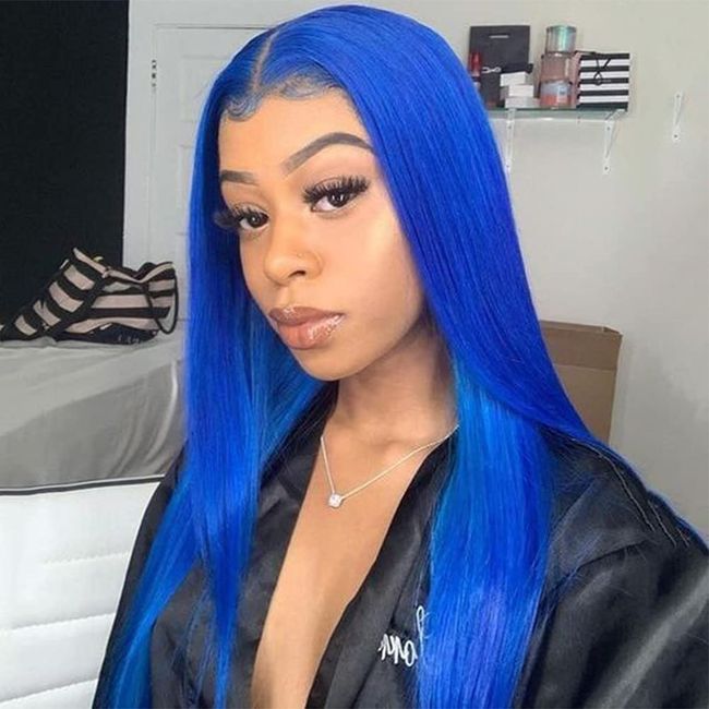 Dark Blue Wig for Women Blue Lace Front Wig Highlight Color Half Hand Tied Synthetic Heat Resistant Fiber Hair Long Straight Free Part 13×3 Lace Wigs with Baby Hair for Party Daily Wear