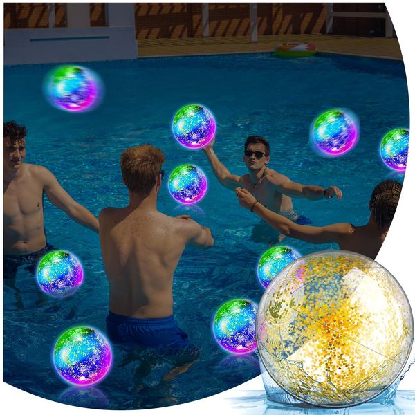 Meooeck 16 Pcs Light up Beach Balls LED Beach Balls 9 Inch Confetti Glitters Inflatable Glow in The Dark Pool Toys Bulk Pool Balls for Teens Adults Summer Party Favors (Yellow)