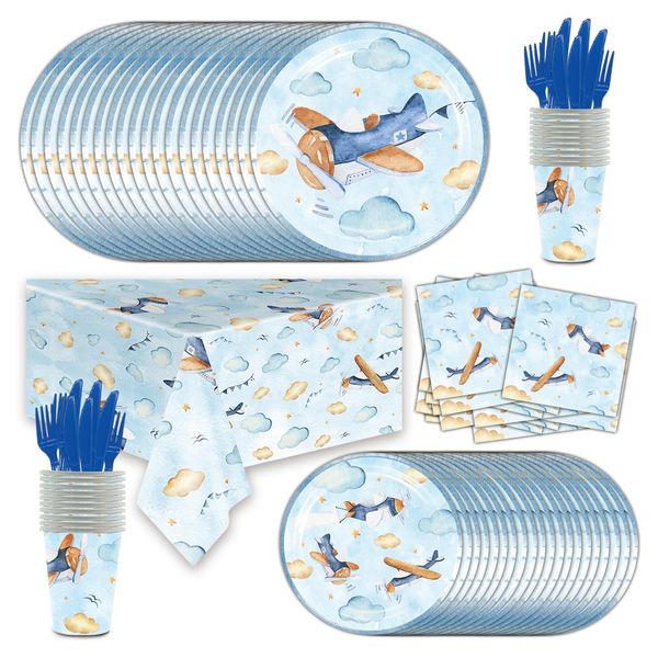 141Pcs Airplane Themed Birthday Party Supplies Include Disposable Paper Plates-Paper Cups-Paper Napkins-Forks-Knives-Tablecloth for Airplane Party Decorations Serves 20 Guests