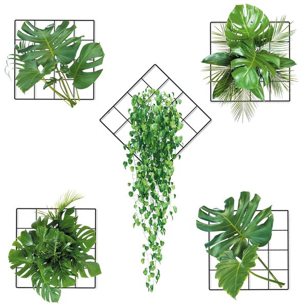 3D Plants Wall Stickers, 5 pcs Green Leaves Grid Wall Stickers 3D Wall Art Stickers, Monstera Leaf Ivy Wall Decor Decal Removable Green Leaves Wall Stickers for Bedroom Living Room