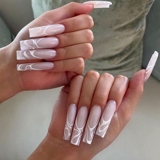 Neckon Coffin Wavy False Nails Nude Pink Fake Nails White Line Press on Nails Ballerina Acrylic Full Cover Stick on Nails 24pcs for Women and Girls