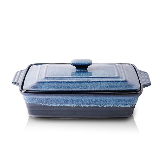 KOOV Ceramic Casserole Dish with Lid, Covered Rectangular Casserole Dish Set, Lasagna Pans with Lid for Cooking, Baking dish With Lid for Dinner, Kitchen, 9 x 13 Inches, Reactive Glaze (Nebula Blue)