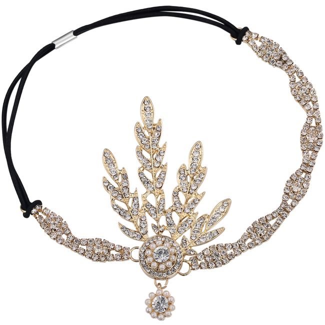 BABEYOND Art Deco 1920's Flapper Great Gatsby Inspired Leaf Medallion Pearl Headpiece Headband Gold