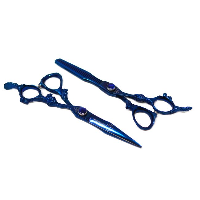 XPERSIS PRO Blue Dragon Handle Hair Cutting Sharp Barber Scissors and Thinning Shears Light weight German Made Premium Steel With Finger Rest