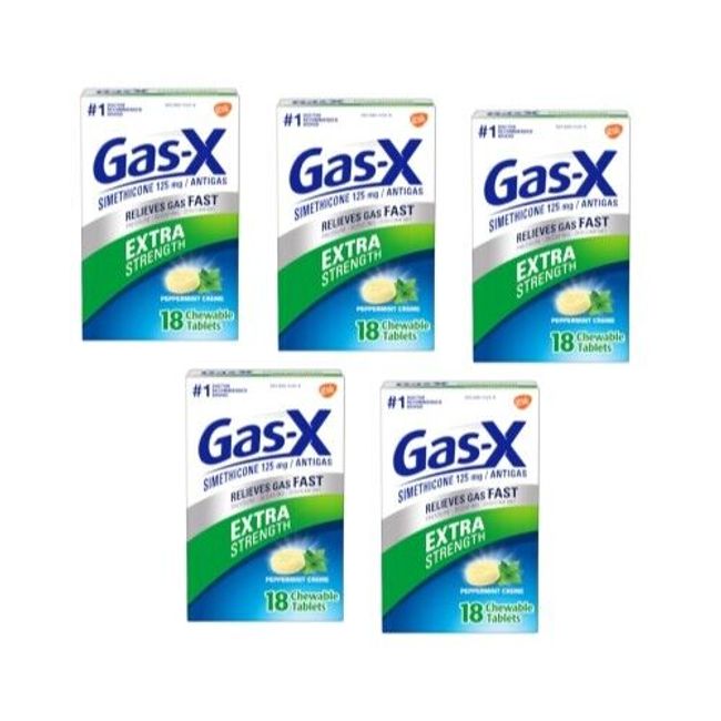 5 Pack - Gas-X Chewables Extra Strength Peppermint Creme 18 Tablets Each