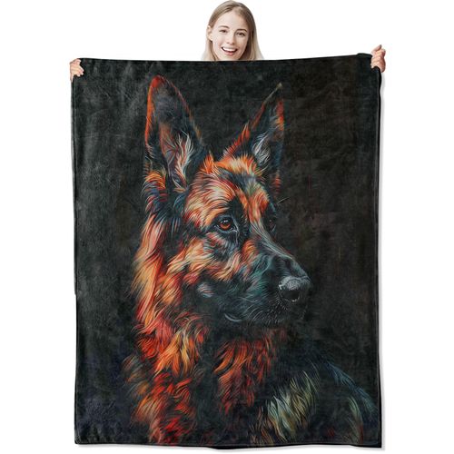 CUEBOS German Shepherd Flannel Throw Blanket 50x60 Inch, Vibrant Colorful Dog Portrait on Black Background Blankets Soft Cozy Fleece Throws for Puppy Lover Bed Sofa Dorm Living Room Pet Decor Gifts
