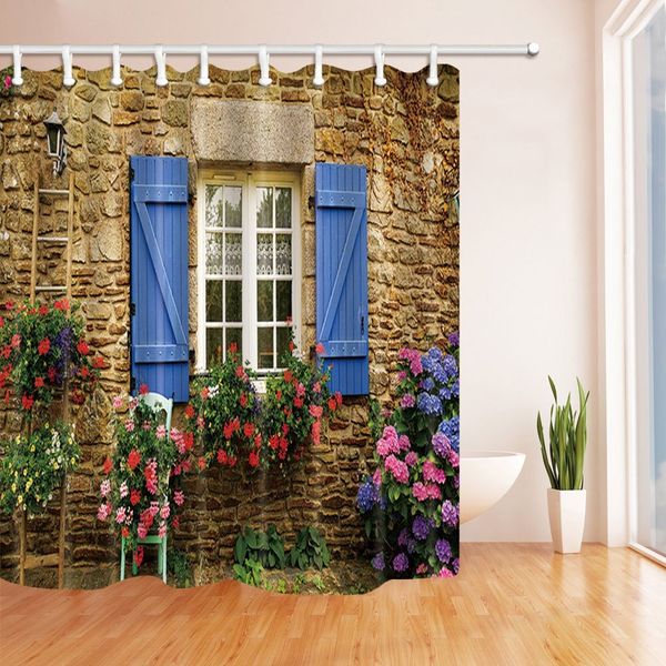 ottbrn 3D Digital Printing Home Garden Shower Curtain Stone Wall and Window and Flowers Polyester Fabric Bathroom Decorations Bath Curtains Hooks Included 72X72 inches