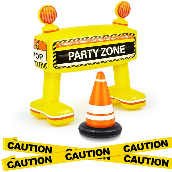 Liliful 3 Pcs Construction Birthday Party Decoration Inflatable Barricade Kit Include 33'' Inflatable Barricade,Traffic Cone and Bright Yellow Caution Tape Construction Theme Party Supplies Halloween