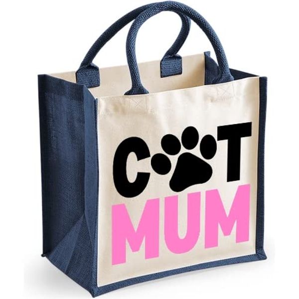 Cat Mum - Midi Small Handle Jute Bag - cat lover present (Navy)