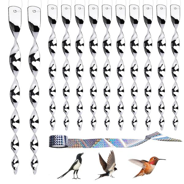 12pcs 30cm Reflective Bird Deterrent Rods and 80m Bird Repellent Scare Tape Hanging Wind Spiral Bird Repellents Reflective Tape Bird Repellent Devices for Garden Patio Balcony Scare Birds Away