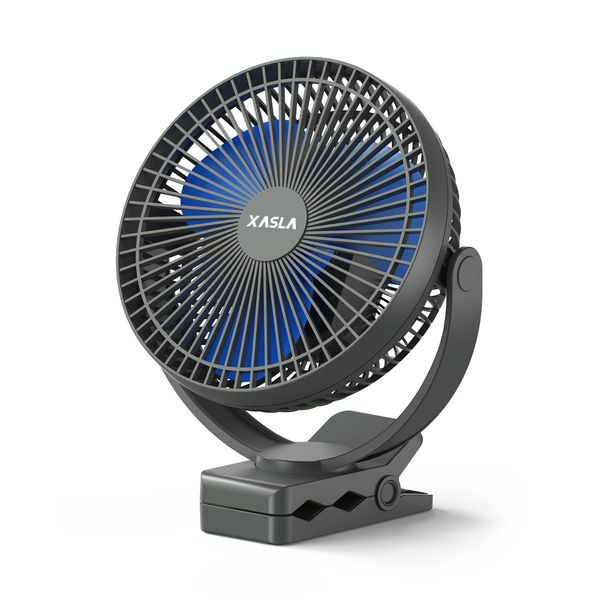 xasla 10000mAh Portable Rechargeable Clip on Fan, 8 inch Battery Operated Fan, 24 Hours Work Time, 4 Speeds Personal Fan, Ideal for Outdoor Camping Golf Cart Home Office Blue