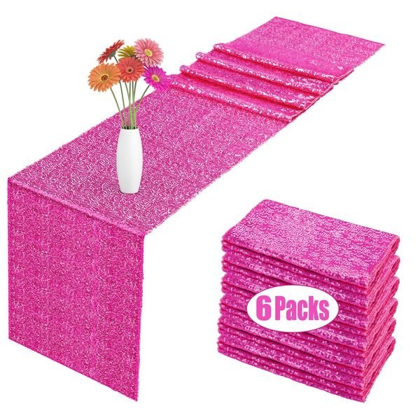 6 Pack Sequin Table Runner Hot Pink, 12 x 108 inch Glitter Baby Blue Table Runner for Rectangle Table for Birthday, Wedding, Banquet, Holiday Party Decorations & Baby Shower