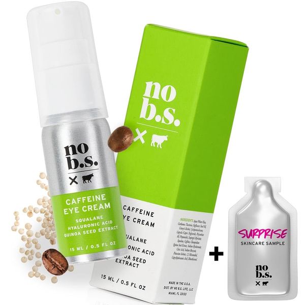 No BS Caffeine Eye Cream with Pure Hyaluronic Acid and Plant-Based Squalane Oil. Coffee Bean Under Eye Cream for Dark Circles and Puffiness. Includes a free skincare sample.