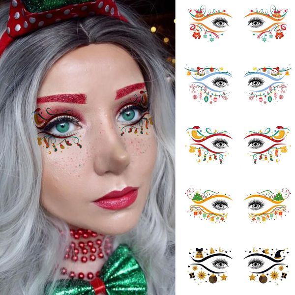 10 Pairs Christmas Colorful Eye Shadow Temporary Tattoo Stickers Eyeliner Stickers Waterproof Fake Tattoos Elk Bell Xmas Trees Snowflake Makeup Transfer Eyeshadow Face Stickers for Carnival Party