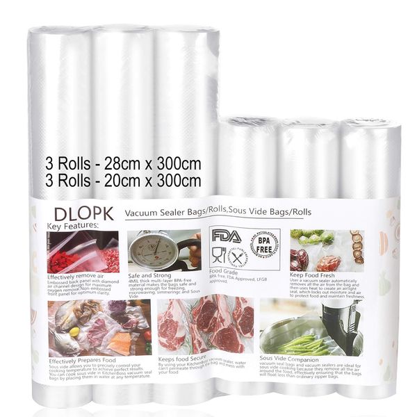 DLOPK Vacuum Sealer Bags, 6 Pack 20x300cm and 28x300cm Food Bags for Vacuum Sealer Sous Vide Machine Vacuum Sealer Rolls for Food Saver, Freezer Bags