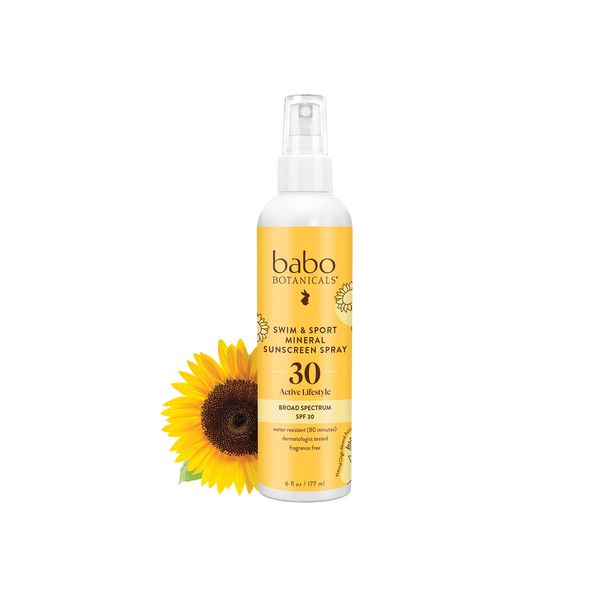 Babo Botanicals Swim & Sport Mineral Sunscreen Spray SPF 30 with Natural Zinc Oxide - For Face & Body of all Ages - Dermatologist Tested & Cruelty-Free - Fragrance-Free & Water Resistant - 2 oz