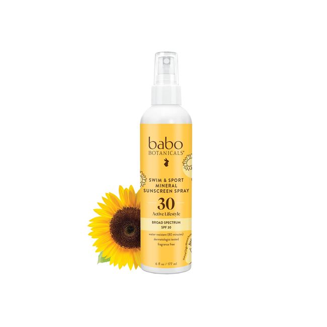 Babo Botanicals Swim & Sport Mineral Sunscreen Spray SPF 30 with Natural Zinc Oxide - For Face & Body of all Ages - Dermatologist Tested & Cruelty-Free - Fragrance-Free & Water Resistant - 2 oz