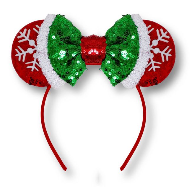 Needzo Christmas Mouse Ears Headbands for Women, Red Snowflake Headband with White and Green Sequins Bow, Christmas Hair Accessories to Wear, One Size Fits Most