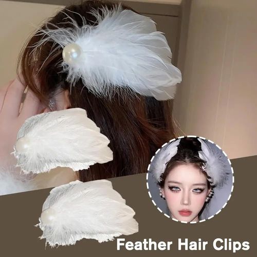 mdgfge White Feather Hair Clips White Swan Feather Headpiece with Pearl Ear Clips Ballet Style Hair Barrettes Accessory for Women Girls Bridal Wedding Cosplay Show Dancing Party Decoration (2 Pcs)