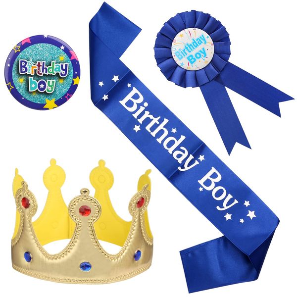 GOTRUST 4PCS Birthday Boy Badge King Crown Tiara Birthday Boy Ribbon Medal Birthday Boy Sash Decorations Set For Kids Birthday Party Supplies