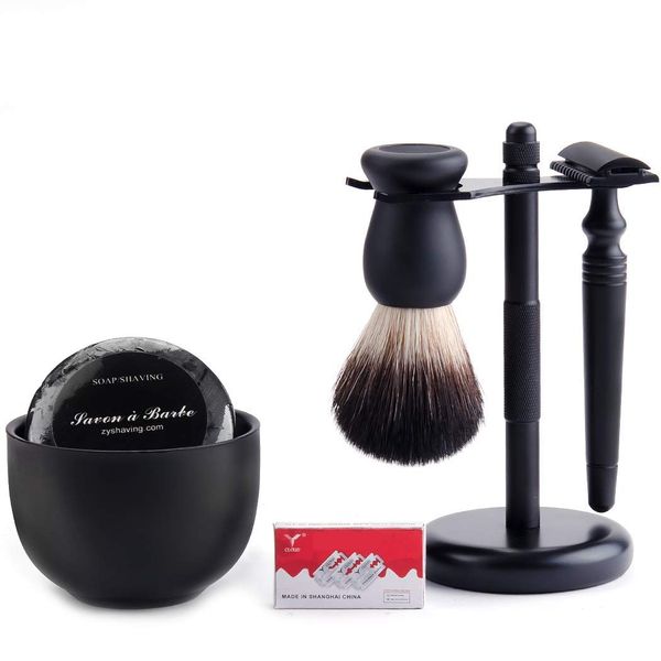 Shaving Razor Kit Double Edage Safety Razor 2 Layers Stainless Steel Shaving Mug Shaving Soap Cream Synthetic Shaving Brush Heavy Chrome Shaving Stand Black Shaving Razor Gift for Men