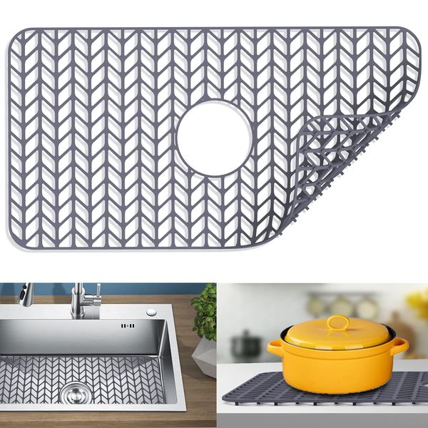 kitchen sink mats, JIUBAR sink protectors for kitchen sink,silicone sink mat,Sink Mat Grid 26''x 14'' for Bottom of Farmhouse Stainless Steel Porcelain Sink Center Drain.(Grey)