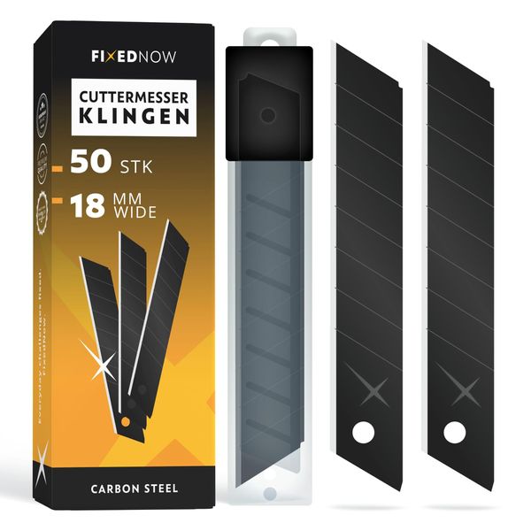 FixedNow 50 x Cuttermesser Klingen Profi 18mm extra scharf aus Japanischer Carbonstahl | Abbrechklingen für Cutter Messer und Teppichmesser | Utility Knife | Kattermesser Ersatzklingen Tapeziermesser