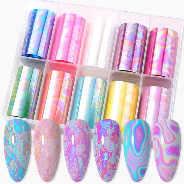 JERCLITY 10 Rolls Aurora Iridescence Nail Foil Transfer Sticker Kit Holographic Nail Foil Sheets Foil Nail Art Decals Laser Nail Foil Transfer Stickers Foil Nail Wraps for Foil Nail Art