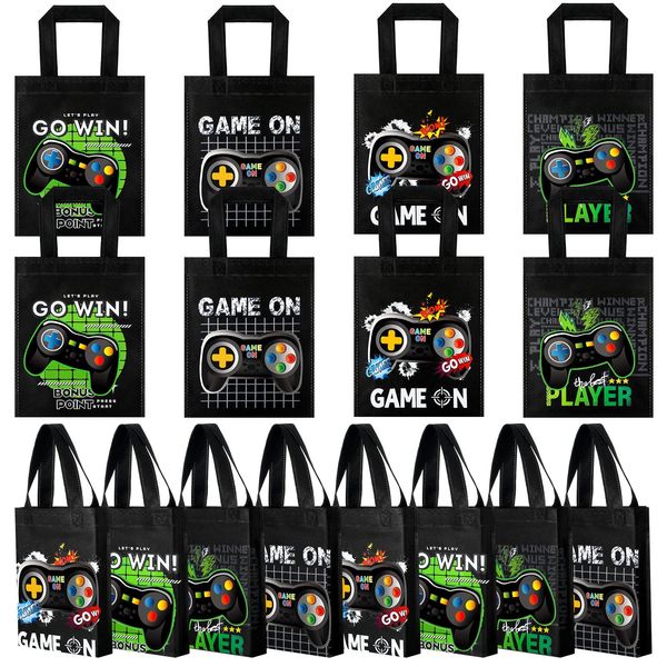 Ferraycle 24 Pack Video Game Themed Gift Bags Video Game Party Favors Non Woven Reusable Goody Treat Bags with Handles (Black and Blue)