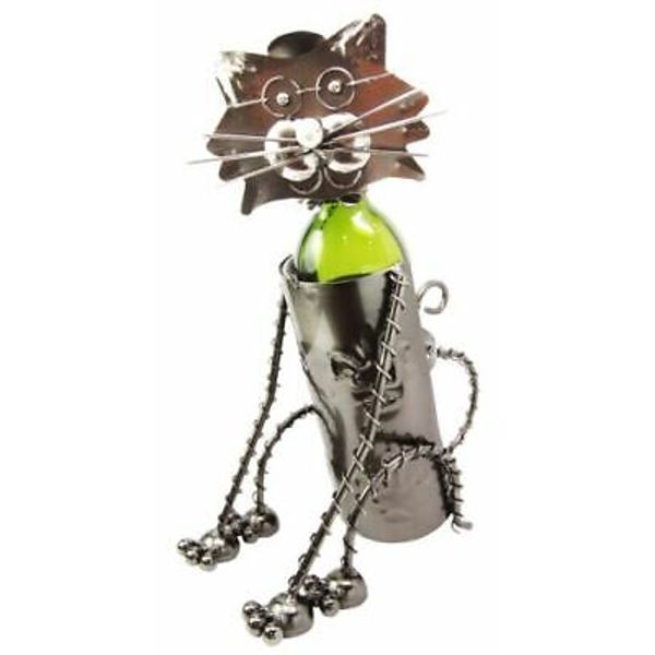 Sitting Feline Kitty Cat Pet Hand Made Metal Wine Bottle Holder Caddy Decor