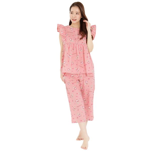 (Souwak) SAN1485 Checkmaron Cream Ruffled Pajamas, Women's, Short Sleeve, Long Pants, Top and Bottom Set, Room Wear, Sanrio Sanrio, Apricot/L