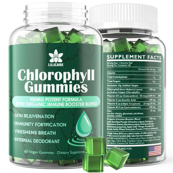 Sugar Free Chlorophyll Gummies - with Unfiltered ACV, Sea Moss & Elderberry, Echinacea, Vitamin D3, C, E, B12 - Natural Deodorant, Breathe Fresh, Immune & Digestion Support, Vegan Delicious Chews 60Ct
