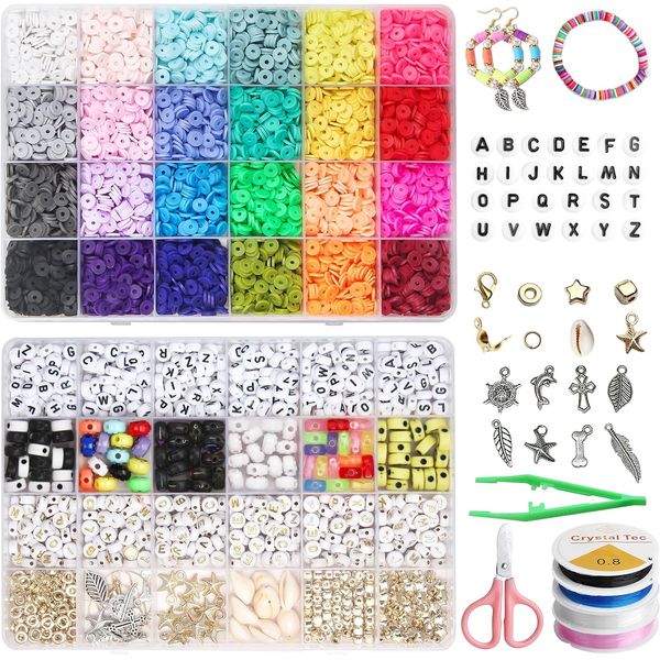 7048 Pcs Clay Beads Bracelet Making Kit with Letter & Smiley Face Beads and Pendant Charms 24 Colors Flat Round Polymer Clay Beads for Necklace Earring Jewelry DIY Craft