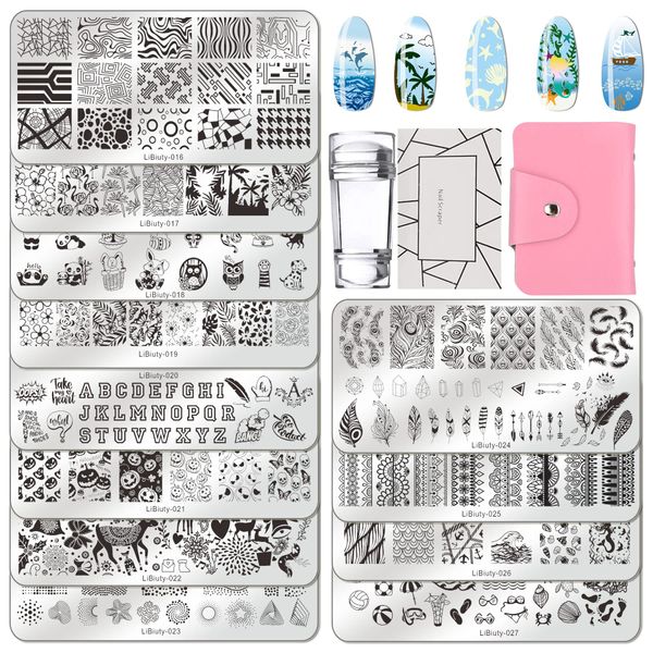 BUDOCI Nail Stamping Kit 12Pcs Nail Template Set Nail Plates Nail Stamping Templates with 2 Stamper 2 Scraper 1 Nail Plate Storage Bag Organizer