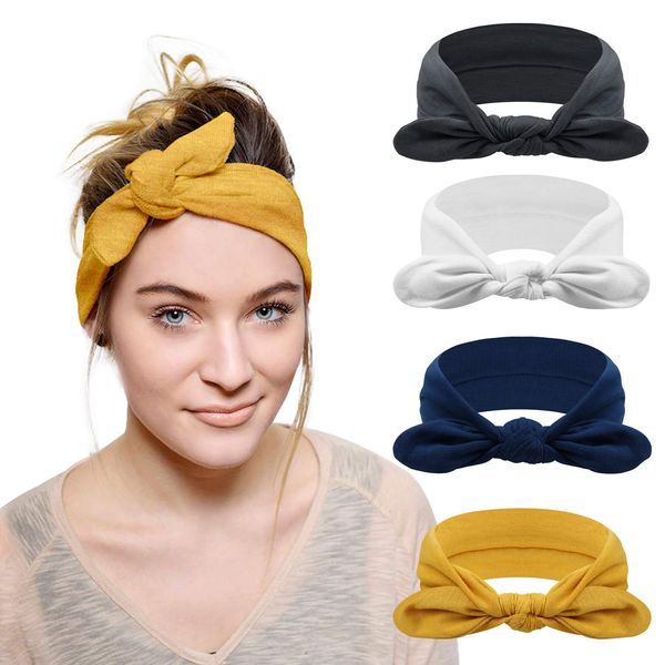 DRESHOW 4 Pack Headbands for Women Bow Knotted Hair Band Facial Cloth Rabbit Ears Running Sport Elastic Hair Wrap