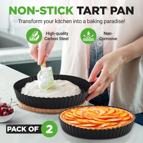 NutriChef 2-Pack Nonstick Round Baking Pans, Heavy Duty Carbon Steel with Removable Bottom, Even Heat Distribution, 9.4” Inch Pans with 100 Pcs Parchment Paper, For Baking Tarts, Quiches, and More