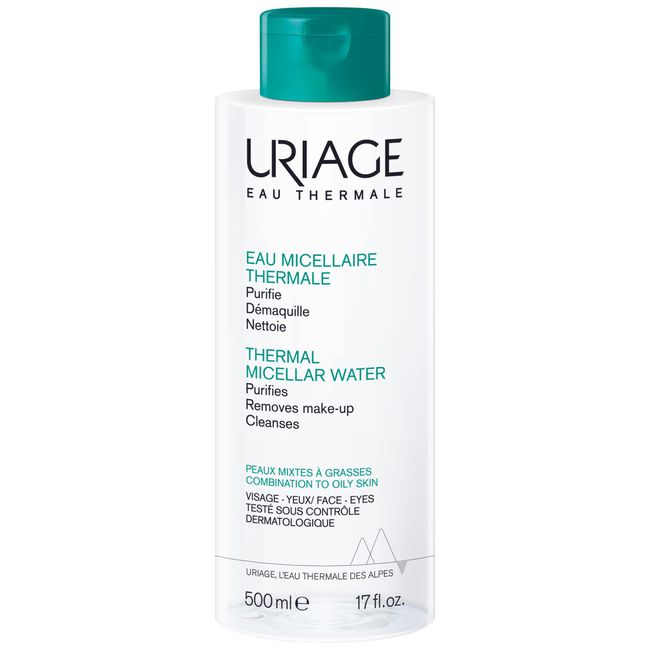 Uriage Thermal Micellar Water Combination & Oily Skin 17 fl.oz. | Oil- free Cleansing Care that Removes Excess of Oil, Dirt and Makeup | Gentle Waterproof Makeup Remover, Suitable for Sensitive Skin