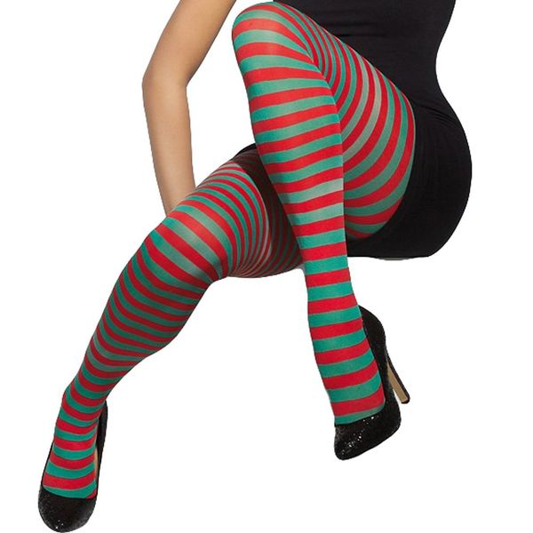 Smiffys Opaque Tights, Red & Green Striped, Fever Hosiery Fancy Dress, Fever Dress Up Accessories