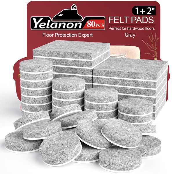 Yelanon Felt Furniture Pads - 80 Pcs Furniture Pads for Hardwoods Floors, Felt Chair Pads, Anti Scratch Floor Protectors for Furniture Feet Chair Legs, Furniture Felt Pads Self Adhesive, Gray