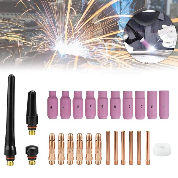 26Pcs TIG Welding Torch Accessories Kit for WP17 WP18 WP26 TIG Torch Welding Consumables with Collets Body Alumina Nozzle Cup Set Back Cap Gasket, TIG Welder Gun Parts Gas Lens Kit