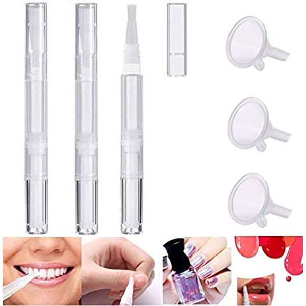 DNHCLL 3 Pack 3 ml Transparent Twist Pens Empty Nail Oil Pen with Brush Tip, Cosmetic Lip Gloss Container Applicators Eyelash Growth Liquid Tube With 3 Pack Funnels for Women Female Girls