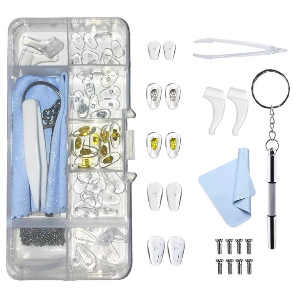 25 Pairs Eye Glasses Nose Pads, Silicone Screw-in Nose Pad Eye Glasses Repair Kit with Screws Screwdriver Tweezers Cleaning Cloth