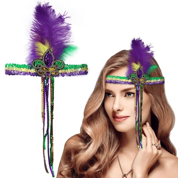 Ceoyiler Mardi Gras Feather Headband Mardi Gras Headband for Women Mardi Gras Masquerade Headdresses for Women（Sequins）