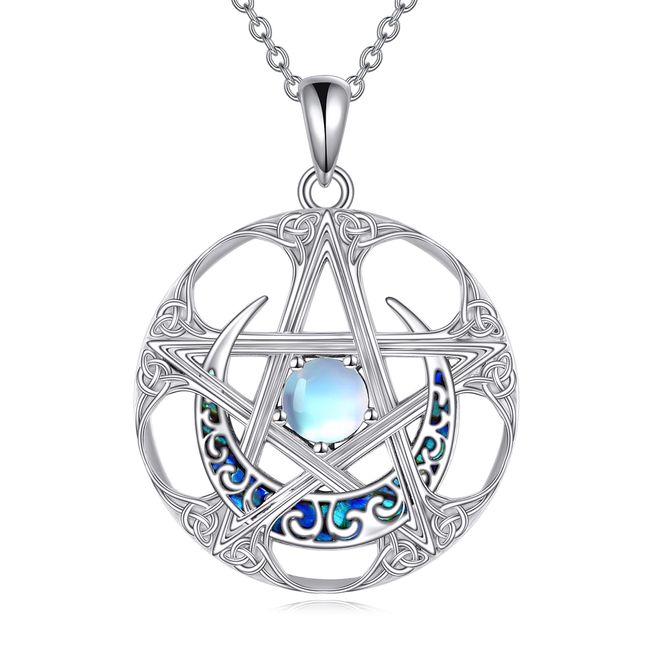 YAFEINI Wiccan Necklace for Women Sterling Silver Pentagram Pendant Necklace Amulet Witch Pagan Jewellery Gift for Men (Moon Necklace)