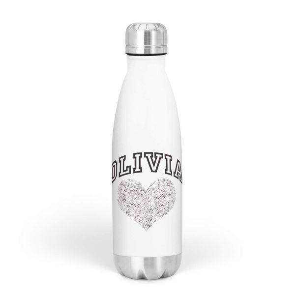 Personalised Silver Glitter Heart Kid's Backpack - Girl's School Homework Bag (and Water Bottle) (Water Bottle)