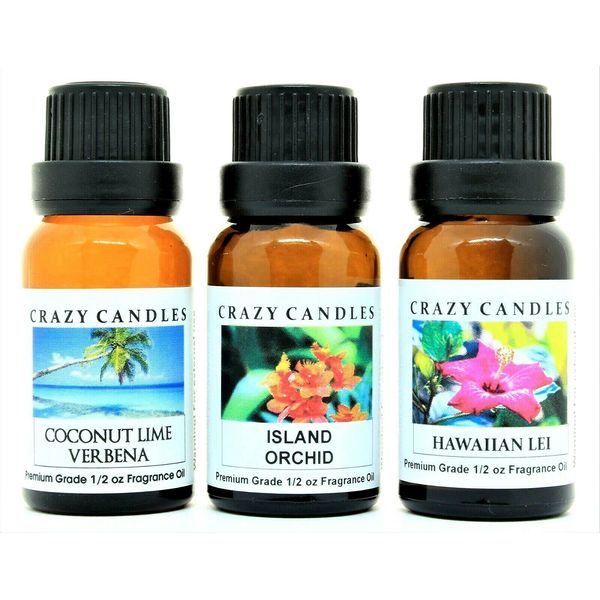 Crazy Candles 3 Bottles Set, 1 Coconut Lime Verbena, 1 Island Orchid, 1 Hawaiian Lei 1/2 Fl Oz Each (15ml) Premium Grade Scented Fragrance Oils