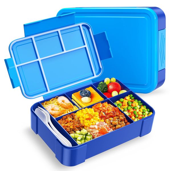 WayEee Bento Lunch Box 1330ml Lunch Box Kids Leak-Proof Lunch Box with Compartments for School, Work(Blue)