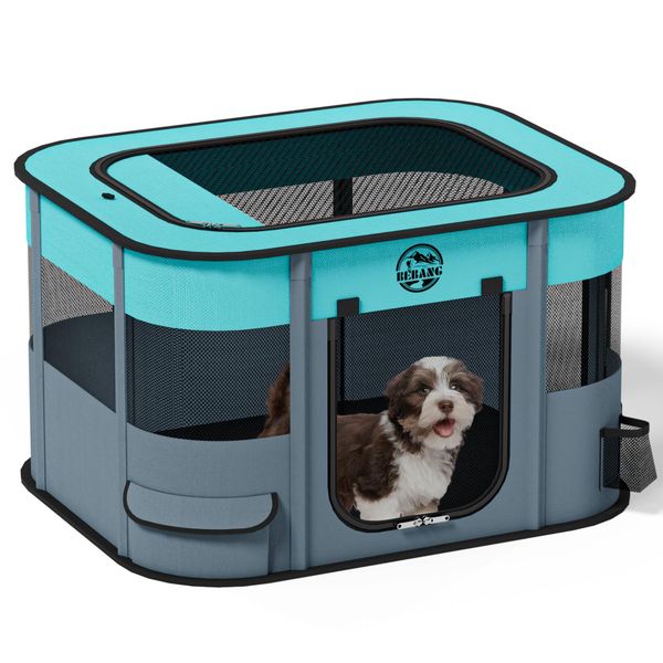 Dog Playpen, Puppy Play Pen Indoors Pet Playpens Outdoor Small Dogs Portable Foldable Crate Kennel House for Medium Large Cats Rabbit Guinea Pig Hamster Kitten with Carrying Bag + Food Bowl (S)